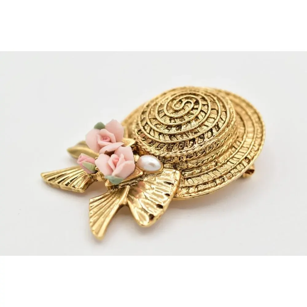 1928 Vintage Sun Hat Brooch Pin Pearl Pink Rose Bow Gold Chunky 1980s BinBK